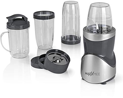 MAXXMEE Smoothie Maker, set da 12 pezzi, mixer multifunzione con 8 funzioni, con diverse dimensioni e coperchio To-Go, lame in acciaio inox [380 W/grigio]