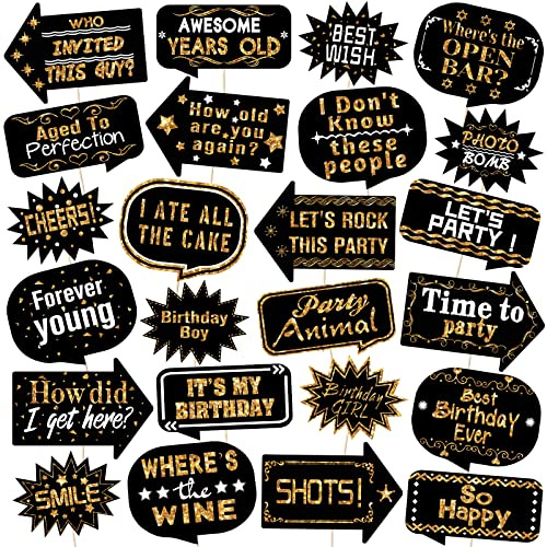 Outus 24 Pieces Photo Booth Props Birthday with Stick Happy Birthday Weddings Graduation Prom Bday Wedding New Year Party Supplies Funny Photo Booth Pose Signs Selfie for Men Women(White, Gold)