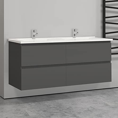 AICA sanitaire Meuble de Salle de Bain, Meuble de Rangement avec lavabo, Meuble sous Vasque Suspendu Anthracite 120 x 46 x 52 cm (L x L x H)