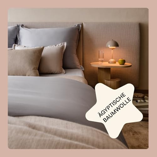 Amqua Mako Satin Bettwäsche Set 155x220cm + Kissenbezug 80x80cm, 100% ägyptische Baumwolle (Zertifiziert), grau/hellgrau
