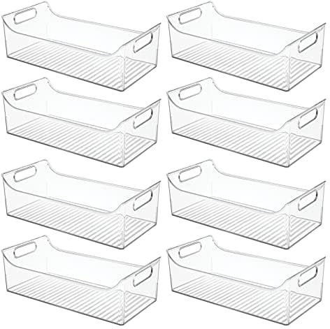 mDesign Slim Plastic Kitchen Pantry Cabinet, Fridge or Freezer Storage Bin with Handles - Organizer Containers for Fruit, Yogurt, Snacks, Pasta - 16 Long - Ligne Collection - 8 Pack - Clear