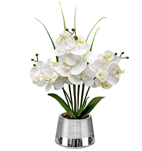 Oairse 40cm Artificial Orchid Flowers White Artificial Flower in Silver Ceramic Pots Real Touch Silk Phalaenopsis with 14 Flowers Fake Orchids Plant for Home Kitchen Bathroom Table Centerpiece Decor