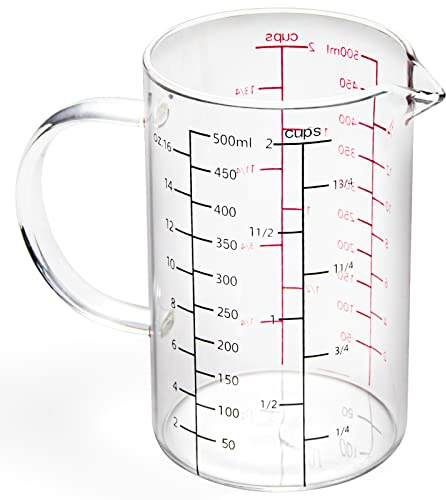 77L Glass Measuring Cup with Handle, [Double-Sided Measuring Scale, V-Shaped Spout, Insulated handle], High Borosilicate Glass Measuring Cup with Three Scales (OZ, Cup, ML) for Liquid (2 Cup)