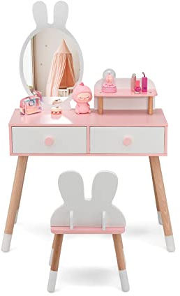 COSTWAY Kinder Schminktisch Set mit Kaninchen Design, 2-in-1-Frisiertisch mit Spiegel, 2 Schubladen & Ablage, Schminkset mit Massivholzbeinen für Mädchen (Weiß)