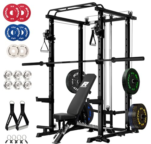 RitFit Squat Rack Power Cage Home Gym Package, Includes 1200LBS Power Rack with Cable Crossover System, Weight Bench, Weight Plate Set with Olympic Barbell (Package 1.7K (Bumper Plate 230LBS))-Black
