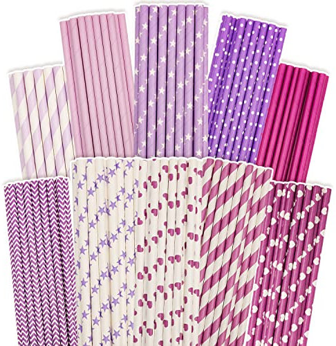 Gcardist Lila Papiestrohhalme zum Trinken Lila Einweg-Strohhalme 150 Stück Einweg-Strohhalme in Großpackung (10 Muster)