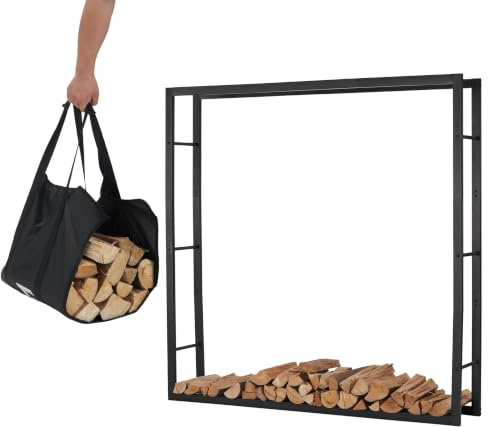 Lendo Online Vedhylla 148 x 25 x 148 cm + bärväska – förvaring inomhus och utomhus – förvaring av vedträ – vedställ – svart – metall