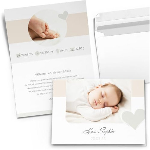 Einladungskarten Manufaktur Hamburg 10 Geburtskarten mit Foto PERSONALISIERT Herz grau Baby Jungen und Mädchen Babykarten Geburt individuell Dankeskarten mit Umschlägen oder Geburtsanzeige