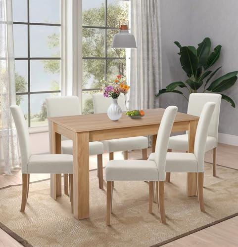Hallowood Furniture Newquay Oak Furniture 6 Set Dining Chairs and Table, 120cm Fixed Top Dining Table and Chairs Set 6 with Straight Back and Beige Fabric Upholstery for Home and Café