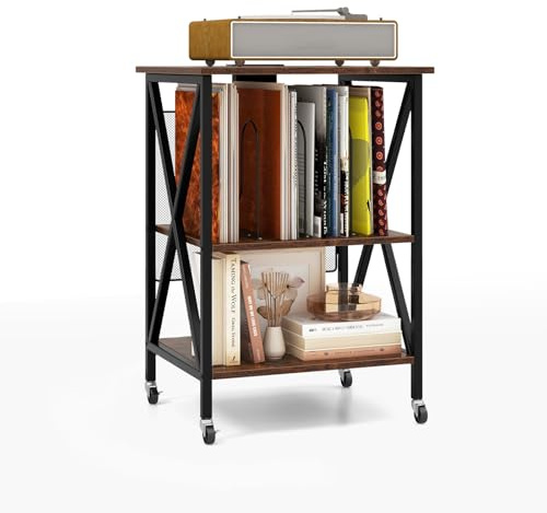 COSTWAY Plattenspielerständer, Rollständer mit integrierter Ladestation, Rollen und Metallrahmen, Vinyl-Aufbewahrungsschrank für Arbeitszimmer, Wohnzimmer 52 x 45 x 75 cm (Kaffee)