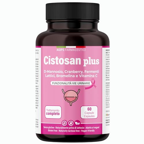 Integratore Cistite con D-Mannosio Puro 2000 mg Bromelina Mirtillo Rosso Fermenti lattici Vitamina C Per Favorire La Funzionalità Vie Urinarie Vegano 60 capsule Cistosan Agips Farmaceutici