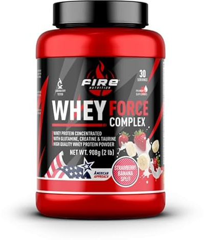 Fire Nutrition Whey Force Complex 908 g, Proteína de Suero con Glutamina, Creatina y Taurina, Sabor Strawberry Banana Split, 30 Porciones