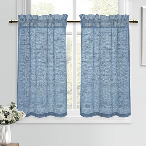DWCN Blå fönstergardiner, moderna gardiner, linneutseende, kort gardin, halvtransparent, 2 stycken, H 90 x 60 cm, fönstergardiner för köksgardiner, lantställe, skåpgardin, vardagsrum, bistrogardin