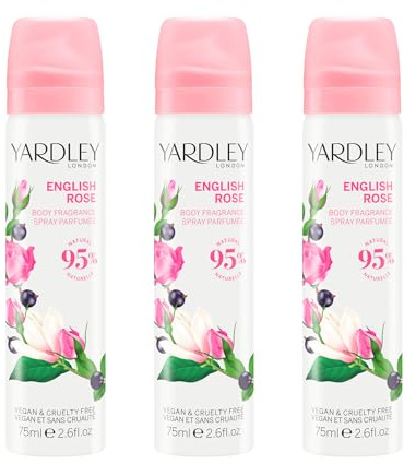 Yardley London English Rose Body Spray for Women Floral Body Mist with Notes of Magnolia, Violet & Classic Rose Scent 3 x 75ml