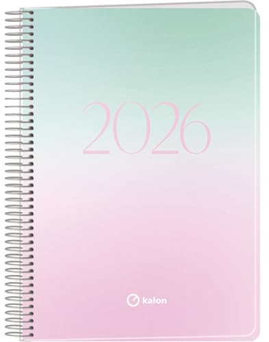 Q Kalon - Agenda 2026 - Veckoöversikt Vertikal, Storlek A5 (15x21 cm), Årsplanerare Flera Språk (ENG, FRA, TYS och SPA), Ringpärm, Omslag av Kartong och Skyddande Plast - Sunset
