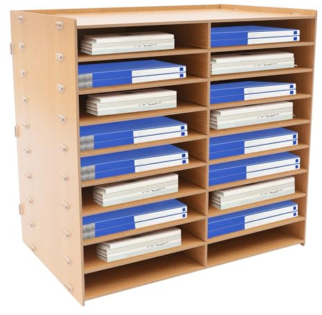 HazLope Organizzatore da scrivania in legno, raccoglitore verticale con 18 scomparti a 9 livelli, porta documenti A4 in rovere dorato, spazio per ufficio casa, studente, 51,8 x 33 x 49 cm