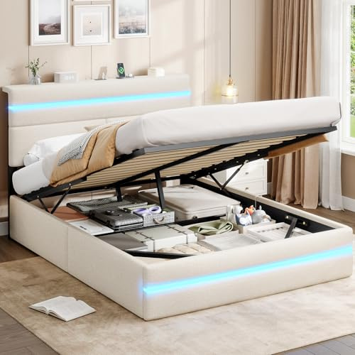 AOGLLATI Cama Matrimonio 140x190 con Almacenamiento Hidráulico, Cama Tapizada con LED y Estación de Carga, Estructura Cama con Cabecero Tapizado, Cama Doble con Canapé de Gran Capacidad, Beige