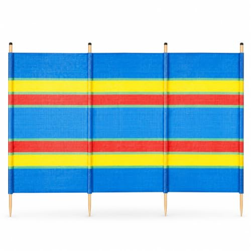RHMM Multi-Coloured Beach Windbreak with Wooden Poles, Portable Wind Break Screen, Camping Sun Shelter & Privacy Screen for Beach, Garden, Picnic & Outdoor Use – 4, 5, 6, 8 & 10 Pole Options