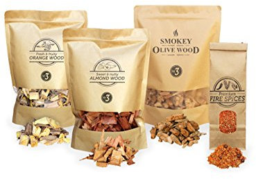 Smokey Olive Wood 3X 1700ml selección de virutas para ahumar + 1x 300ml Fire Spices: virutas de Madera para Barbacoa & ahumar, Olivo, Naranjo, Almendro, y Mezcla de Especias para Quemar