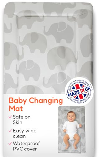 Babycurls Baby Changing Mat with Raised Foam Edges - Wipe Clean Waterproof PVC Nappy Changing Mat - Hypoallergenic Foam - UK Made Nursery Essential, Elephant Love, 76 x 45 cm Baby Pad