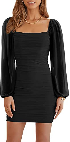 Wenrine Women's Mesh Long Sleeve Square Neck Ruched Party Club Cocktail Bodycon Mini Dress Black