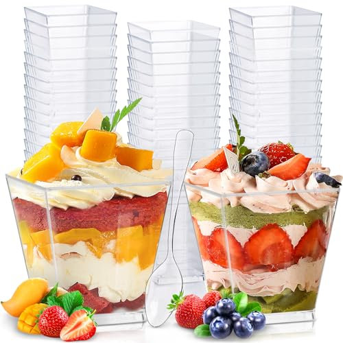 Frasheng 60 Stück Dessertgläser mit 60 Löffeln,2OZ/60ml,Dessertbechern,Dessertschalen-Set,Dessertschalen Klare Wiederverwendbar,Quadratischer Dessertbecher für Mousse,Pudding,Geburtstag