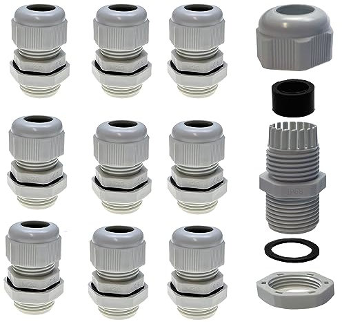 10 unidades M20 x 1,5 (gris plástico), pasacables con contratuerca para diámetro de cable 6 – 12 mm, resistente al agua IP68 – (métrico)