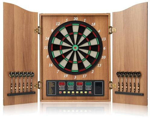 Hanbramo Electronic Dart Board Cabinet Set, 12 Soft Tip Darts, Electric Dart Boards for Adults, Digital Dart Board with Integrated Scoreboard for Family Game Rooms