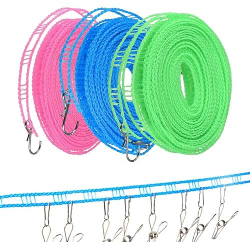 Virsus 3 Fili Stendibiancheria per il Bucato, Corda da 5 Metri cadauna, Colore Verde, Blu e Rosa, Stendibiancheria in Nylon Antiscivolo e Antivento, Corda da Esterno, Giardino, Campeggio -2636
