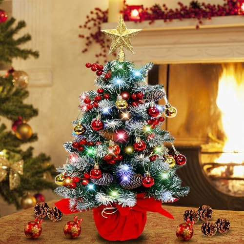 POWLYB Weihnachtsbaum 50cm, Künstlicher Weihnachtsbaum mit Ornamenten, Mini Weihnachtsbaum Künstlich Klein Tabletop Weihnachtsbaum, Tannenbaum mit Zementbasis, Christbaum PVC Nadeln