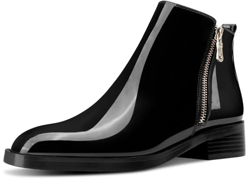 Saekcted Womens Chunky Block Low Heel Square Toe Ankle Boots Short Bootie Slip-on Zipper Office Basic Classic Patent Leather Flat Boots Black 7 M US