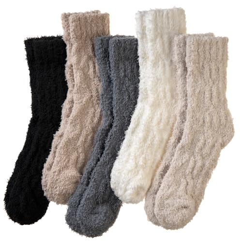 AMENLAN Women Fuzzy Slipper Socks Fluffy Cozy Comfy Cabin Plush Warm Thermal Winter Soft Home Sleep Socks (5 Pairs Black/White/Beige)