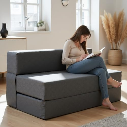 Sofá Cama Plegable Doble 120 cm – Puff Cama con Colchón de Espuma de 20 cm – Firmeza Media H3 – Sofá Compacto y Ligero para Suelo, Camping, Viajes y Uso Diario – Certificado Oeko-Tex y Durable
