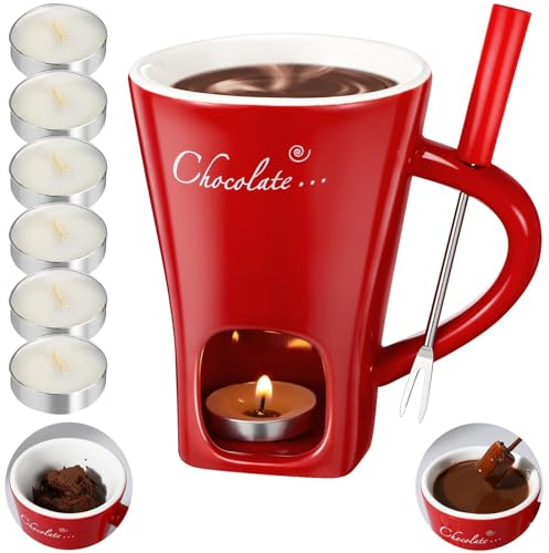 Fondue Mug, Chocolate Fondue Mug with Forks and 6Pcs Candles, Chocolate Melting Cup Set Ceramic Chocolates Butter Cheese Melt Mugs Warmer Pot Set Gifts for Date Night Birthday Wedding