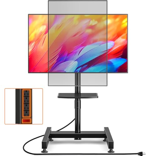 TVON Rolling TV Stand with Mount with Power Outlet for Most 13-50 inch TVs/Screen up to 55 lbs, Height Adjustable TV Floor Stand with Tilting and Rotating, Portrait to Landscap, Max VESA 200x200mm