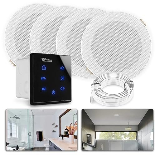 Power Dynamics A100 Bluetooth Deckenlautsprecher 4er Set – 4X Einbaulautsprecher 5 IPX5 Wasserdicht – 160 Watt Verstärker – Badezimmer & Außenbereich – Unterputzradio, 55mm Tief - Weiß/Schwarz