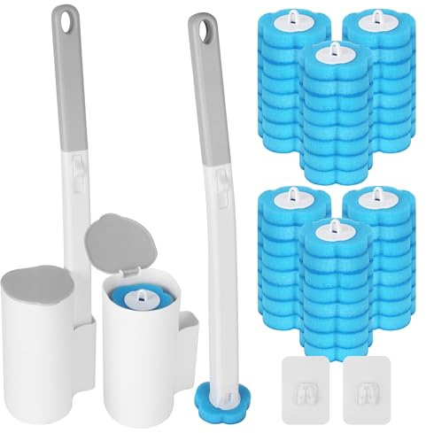 Escobilla de baño desechable, Juego de 2 con Mango extendido y Juego de Soporte, escobillas de baño, escobilla de baño desechable con 48 recambios limpiadores para Lavabo, bañera