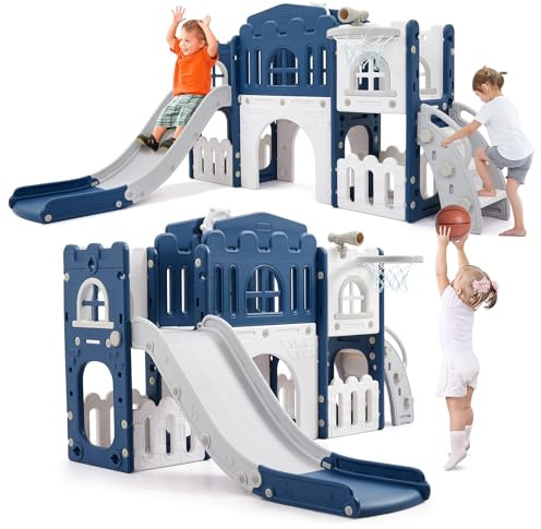 Aptliton 8-in-1 Toddler Slide Playset,Freestanding Indoor Outdoor Playground with Slide,Climber,Tunnel,Basketball Hoop and Toy Storage,Activity Playset for Toddlers Ages 1–3,Blue