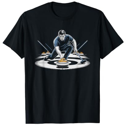 Curling Player Stone Broom Minimalist Art Winter Ice Graphic T-Shirt