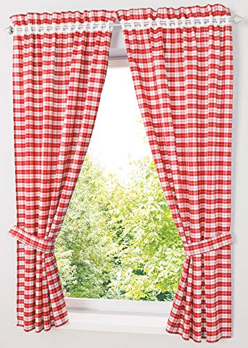 Yaland Ogenomskinliga gardiner med rutmönster lantställen gardiner vardagsrum gardiner med gardinomtag (H x B 140 x 80 cm, röd) 2 stycken