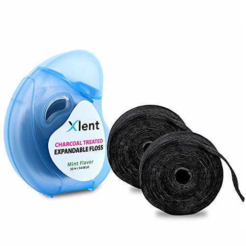 Xlent Expanding Dental Floss – Activated Charcoal with Xylitol – Mint – Refillable Starter Kit (1 Dispenser + 2 Refills, 150m Total) – PFAS & PTFE Free – Plant-Based Wax