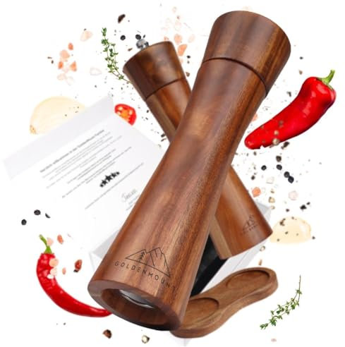 GOLDENMOUNT® - edles Pfeffermühlen Set aus Holz | Salz und Pfeffermühle (21cm) + Untersetzer aus Akazienholz | Gewürzmühle mit Keramikmahlwerk | hochwertige Geschenk Verpackung