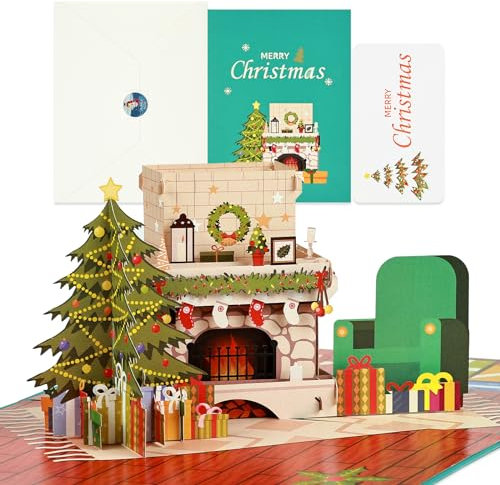 Joyoldelf Pop Up Karte Weihnachten, 3D Weihnachtskarten Mit Umschlag, Romantik Lustig Weihnachtskarten 3D Christmas Cards Für Kinder Einen Freund Liebhaber Vater Mutter(Kamin Weihnachtsbaum)