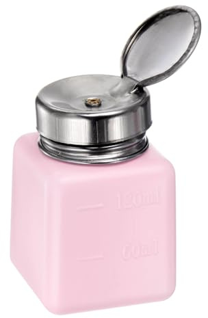 HARFINGTON Solvent Alcohol Dispenser 120ml(4oz) Push Down Liquid Dispenser Pump with Sealing Stainless Steel Lid for Acetone Cleanser Polish Remover, Pink