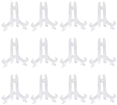 Cretty-Meet 12pcs 3 Mini Clear Plastic Easels, Little Display Stands Plate Holders Small Table Easel for Displaying Cards or Other Items at Weddings, Home Decoration, Birthdays, Tables