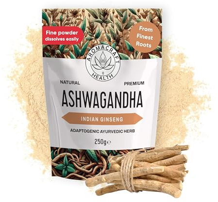 Aromacraft Premium Ashwagandha Powder - Adaptogenic Indian Ginseng Root, Sustainably Sourced, 250g Pack - Ideal for Smoothies, Blending, Baking, and Wellness
