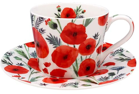 The Leonardo Collection Finola Stack Poppy Cup & Saucer Set for Kitchen | Lovely Coffee Cup Set for Home & Office | Tea Cups and Saucers for Enjoying Hot Drinks | Coffee Mug and Saucer for Gifts
