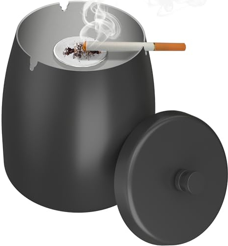 AwmnSrman Posacenere da Esterno Posacenere con Coperchio Nero Cenere In Acciaio Inossidabile A Prova Di Vento, Rimovibile Per Una Facile Pulizia, Cenere Antiscivolo Per Tavolo, Φ11,8 x H12,3 cm