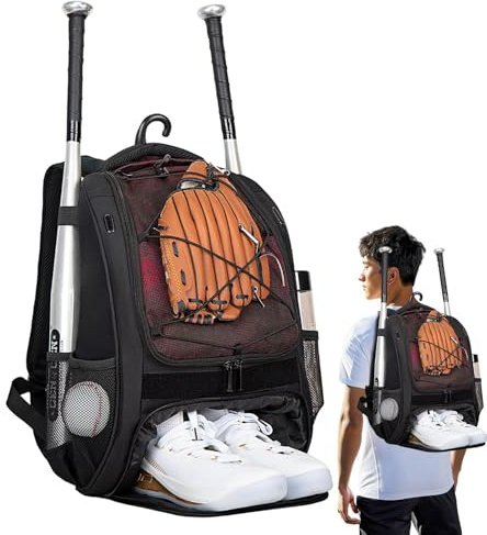 Generisch Baseball-Rucksack, Softball-Tasche Jugend, Großer Jugend-Baseball-Rucksack, Baseballschläger-Tasche für Wettkämpfe, Erwachsene, Schläger, S, ca. 34 x 19.3 x 47 cm, Rot oder Schwarz