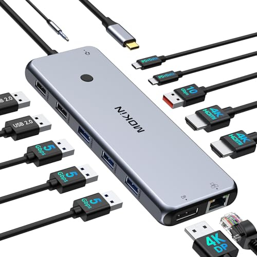 Estación de acoplamiento USB C Hub USB C para laptop, adaptador multipuerto de doble monitor, USB C a 2 HDMI, DisplayPort, carga PD, Ethernet, 7 puertos USB C/A 3.1/3.0/2.0, audio